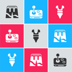 Canvas Print - Set Short or pants, Joystick and Swimsuit icon. Vector