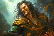 The Prankster's Charm - Mischievous Portrait Of Loki, The Cunning Trickster God, With A Sly Smile And Serpent Staff Jormungandr.