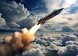 a military missile in flight against the sky. warhead, atomic bomb, chemical weapons. rocket launch. Created with Generative AI technology.