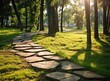 Garden path walkway on green grass turf. Created with Generative AI technology.