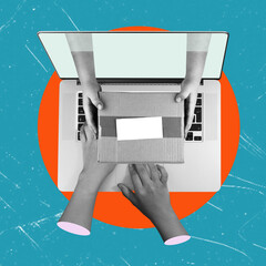 Contemporary art collage, courier's hands pass the parcel through a laptop.