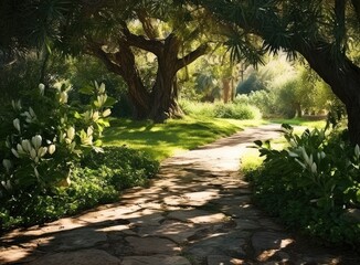 Wall Mural - Garden path walkway on green grass turf. Created with Generative AI technology.