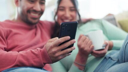 Poster - Couple, hands and relax with smartphone in home for social media post, meme and download games on mobile app. Closeup of man, woman and drinking coffee while reading news online with phone in lounge