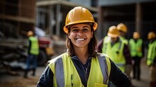 Captured On The Work Site, A Female Construction Worker Dons PPE And Wears A Bright Smile