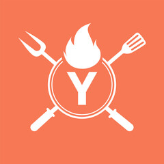 Wall Mural - Letter Y Restaurant Logo with Grill Fork and Spatula Icon. Hot Grill Symbol