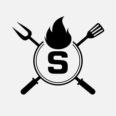 Wall Mural - Letter S Restaurant Logo with Grill Fork and Spatula Icon. Hot Grill Symbol