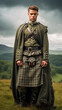 Portrait of a Scottish Highlander, clad in a traditional kilt and standing tall amidst rolling green hills
