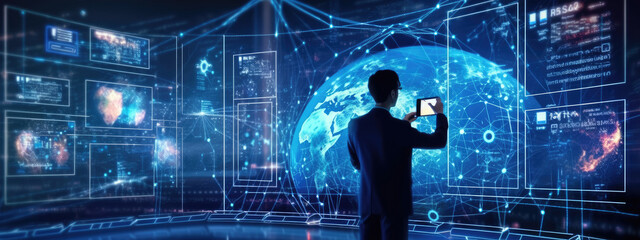 Big data technology and data science. Data scientist querying, analysing and visualizing complex set on virtual screen. Data flow concept, artificial intelligence