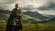 Portrait of a Scottish Highlander, clad in a traditional kilt and standing tall amidst rolling green hills