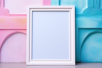 blank picture frame on two tone pink blue color wall ,  wall frame mockup idea, Generative Ai