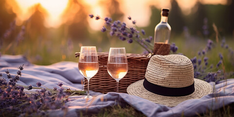 Two glasses with white wine and bottle on background of a lavender field. flowers lavender on a blanket on picnic. Romantic evening in sunset rays