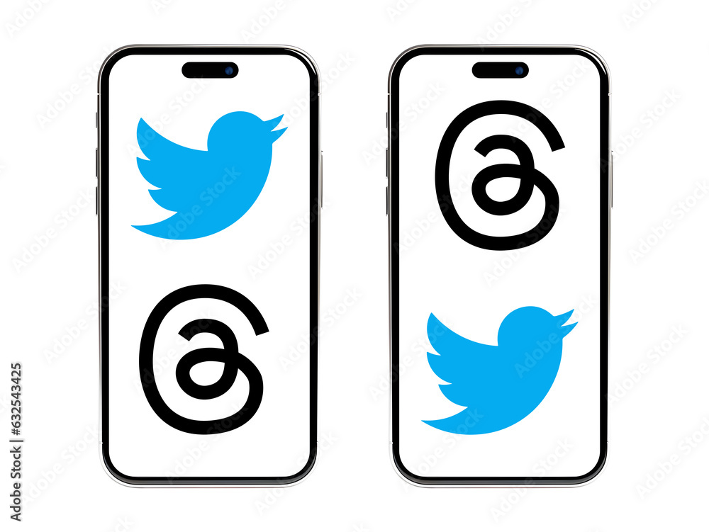 Threads app logo and Twitter logos on the screen smartphone. Instagram ...