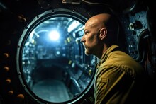 Shot Of A Man Looking Out From Inside A Submarine