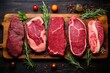 Variety raw meat steaks with rosemary and spices on wooden background