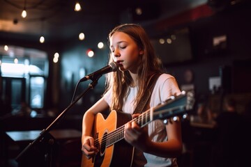 Wall Mural - shot of a young girl playing the guitar at a music venue