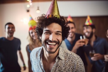 Canvas Print - portrait of a laughing man on his birthday party with friends