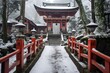 Generative AI : Japan landscape scenic view of red hall perched on rock cliff yamadera shrine temple yamagata prefecture tohoku region asia with snow mountain valley in winter season Beautiful unseen 