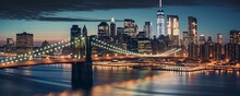 Generative AI : Panorama Of Beautiful Sence Of New York City With Brooklyn Bridge And Lower Manhattan In Dusk Evening Downtown Of Lower Manhattan Of New York City And Smooth Hudson River At Night