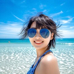 Sticker - Generative AI : Young asian woman selfie by camera on the beach with sunny day Happy girl selfie and smile with blue sky Travel and lifestyle summer concept