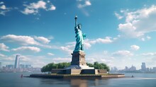 Generative AI : Panoramic Of The Statue Of Liberty In New York City Statue Of Liberty With Blue Sky Over Hudson River On Island Landmarks Of Lower Manhattan New York City