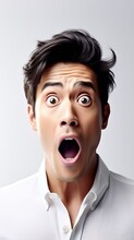 Generative AI : Young attractive asian man in casual white shirt looking at camera with feeling amazed excited or shocked face with open mouth on isolated yellow background Funny face expression conce