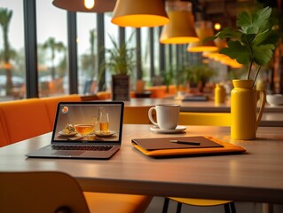 Poster - Generative AI : Laptop and smartphone on counter bar coffee shop cafe with yellow tungsten light in night time