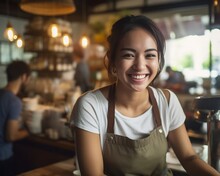 Generative AI : Asia Latin Adult Female SME Worker Stand Pride At Front Door Work Smile Laugh Look Camera In New Store Small Coffee Shop Happy Casual Day Enter Pub Bar Cafe Warm Hand Sign For Food Dri