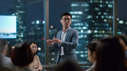 Poster - Generative AI : Young asian creative businessman standing and making presentation at modern office happy talking and brainstorming with teamwork behind transparent glass wall Casual people business me