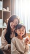 © Generative AI - Generative AI : Happy little asian girl smiling looking and talking with mother Cute child feeling confident and proud because praise from mom Encourage confident and self esteem concept