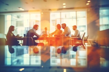 Poster - Generative AI : Abstract blurred defocused of asian young team sitting group circle meeting in top wide angle view in modern office Asian speaker explain teach coach sharing idea to audience in educat