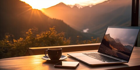 modern freelancing. workspace with laptop and coffee on wooden table with nature background