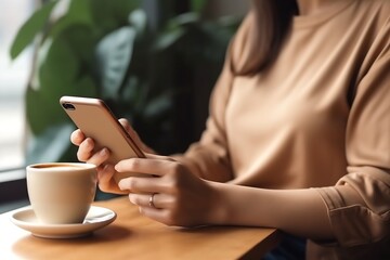 Aufkleber - Generative AI : Happy asian woman using smart phone and smilling at table office in home Asian female holding cellphone and drinking coffee in morning for checking and looking email or social media on