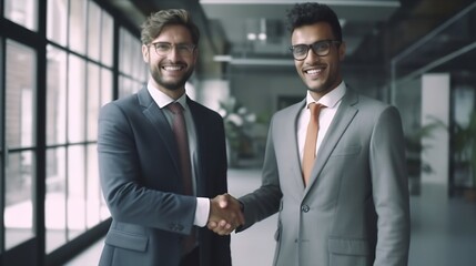 Poster - Generative AI : Young indian businessman and team smile look and give handshake to camera at office in concept warm welcome and support for new comer deal merger and acquisition business career and jo