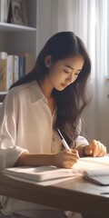 Generative AI : Young attractive asian female student sitting at table looking at laptop writing journal by hand note idea script diary or sketch design on notebook at home office or library with copy