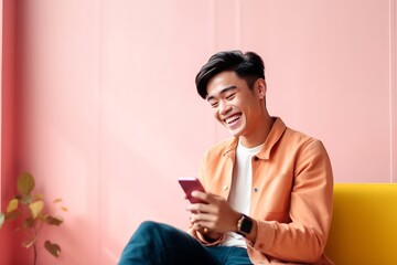 Generative AI : Happy asian teenager using smart phone and smiling on sofa living room at home Asian man holding and using cellphone for searching data and social media on internet Teenager and Techno