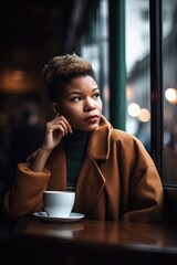 Poster - shot of a young woman having coffee at a cafe in the city