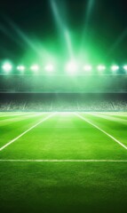 Green soccer field with bright lights in the back - Football stadium game night - Soccer net and goal