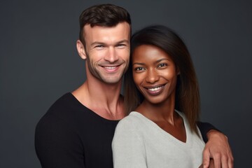 Sticker - portrait of a happy interracial couple standing together against a gray background