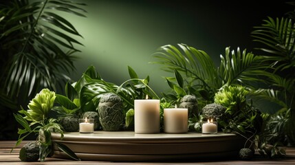  Composition showing a spa treatment with a burning candle, zen stones, rolls of towels, a massage stone, essential oils and an empty space where the product can be displayed.