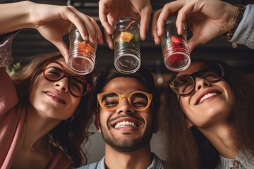 Sticker - cropped shot of a group of friends holding cocktail glasses upside down over their heads