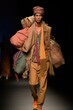 shot of a young man carrying clothing on hangers in an avant garde fashion show