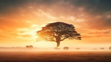Gorgeous Dawn Behind Tall Trees In Spring With Mist Silhouette Of Large Tree With Sun Shining Savanna Field In Africa During Springtime Blurred Background