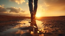 Person S Foot Walking At Sunset Symbolizing Positive Thinking