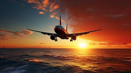 Sticker - An aircraft is soaring above the ocean during sundown