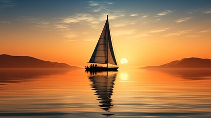 Wall Mural - Sunset reflection of a sailing boat in water