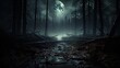canvas print picture - Mysterious forest with a moonlit path fog and a Halloween backdrop hint