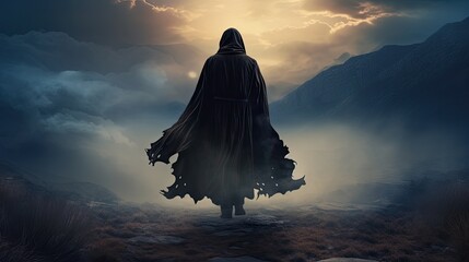 Poster - Silhouette of a medieval traveler standing on a mountain wearing a hooded cloak