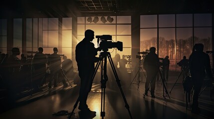 Cameraman operating video equipment indoors silhouette at a meeting room