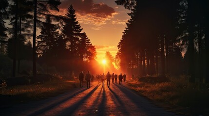 Poster - People are leaving the forest at sunset with a road and lovely light in the background