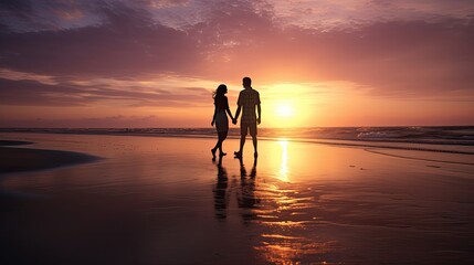 Canvas Print - Couple walking on beach silhouette